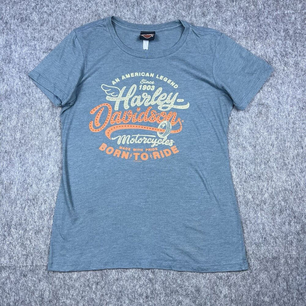 Harley-Davidson Women's T-Shirt Short Sleeve Bedazzled Reel Brothers Gray Size L